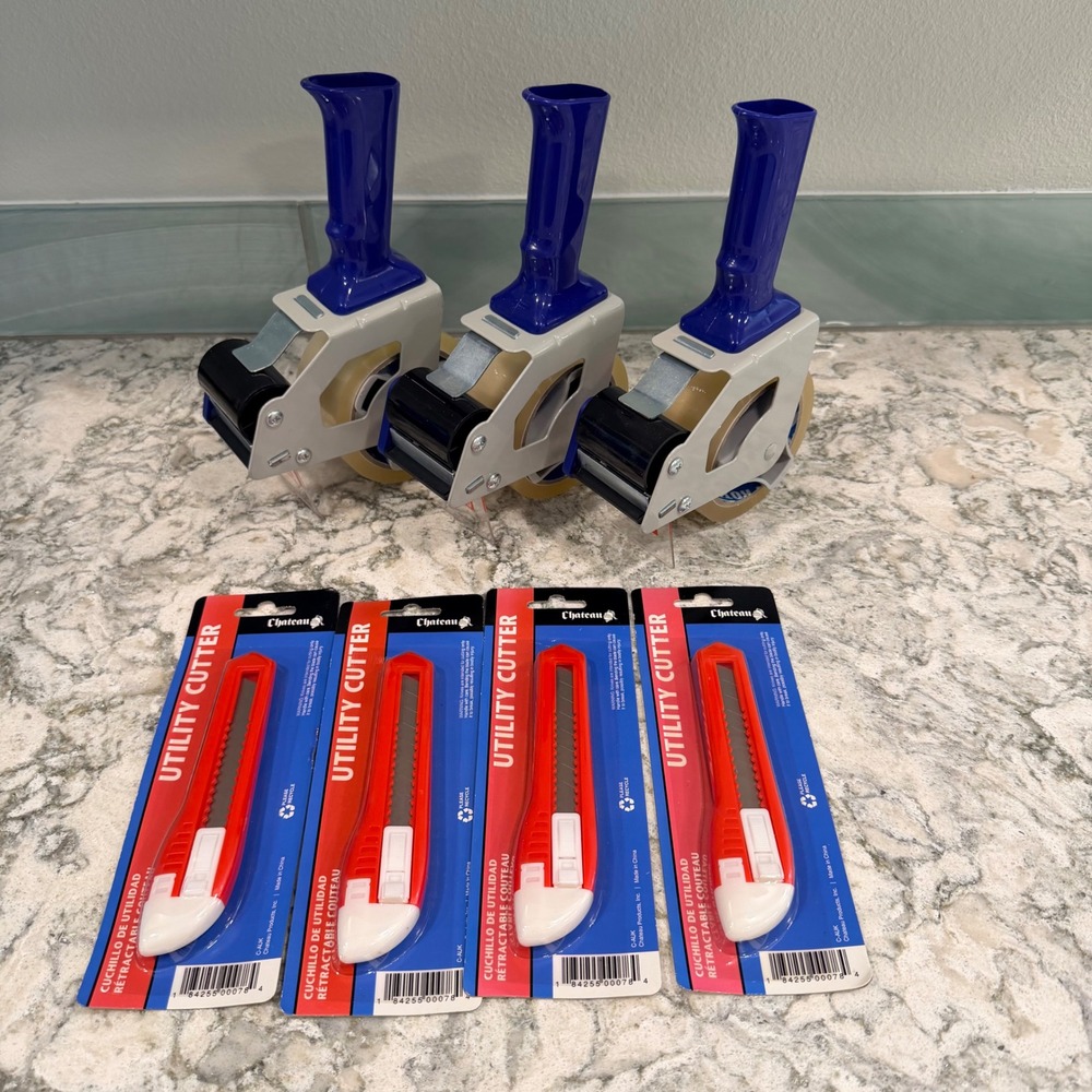 Lot of 3 Packing Tape Gun Dispensers with 2" Tape and 4 Chateau Utility Cutters